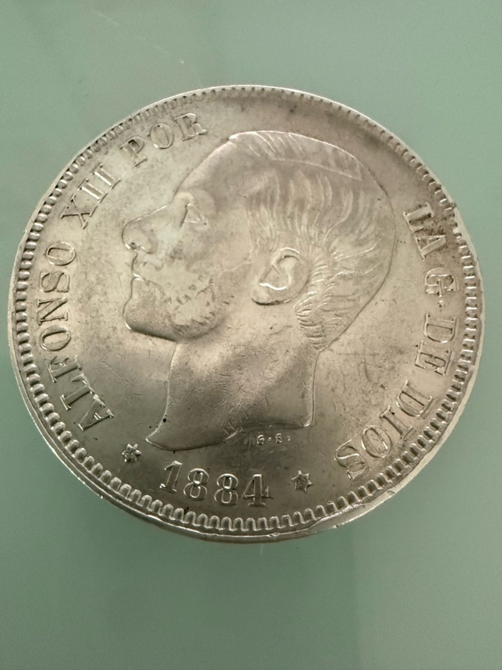 1884 Silver Coin - SPAIN w King ALFONSO XII Antique
Silver 5 Pesetas Coin